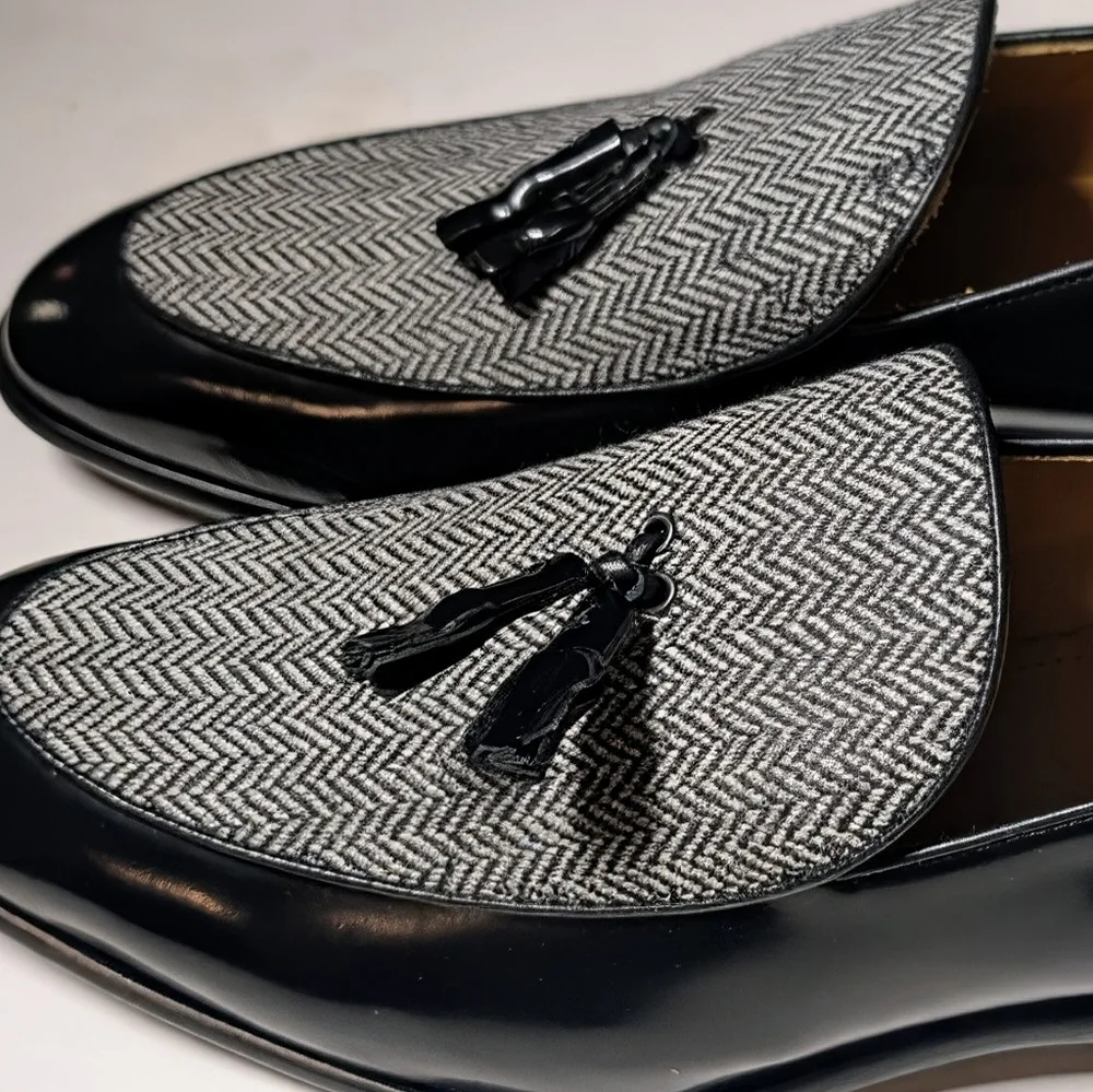 Paul Fredrick Black Patent & Gray Herringbone Tassel Loafers